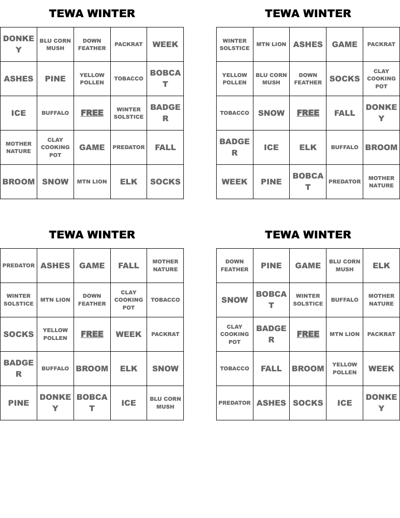 TEWA WINTER Bingo Cards