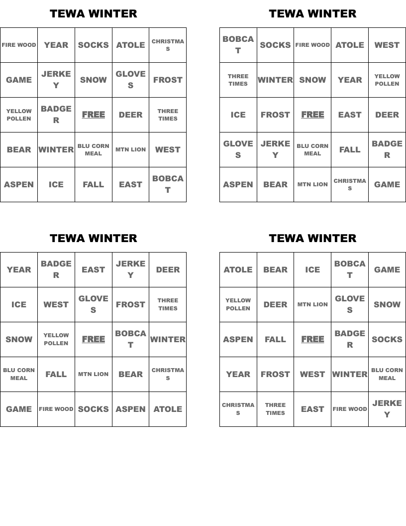 TEWA WINTER Bingo Cards