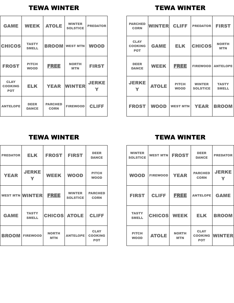 TEWA WINTER Bingo Cards