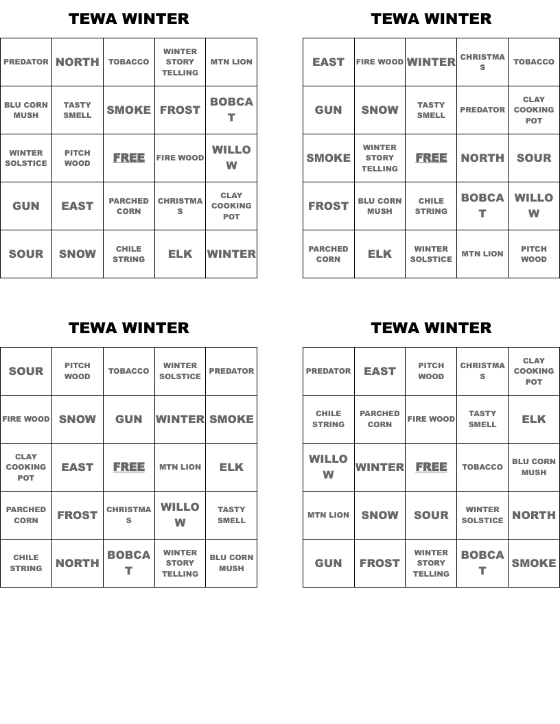 TEWA WINTER Bingo Cards