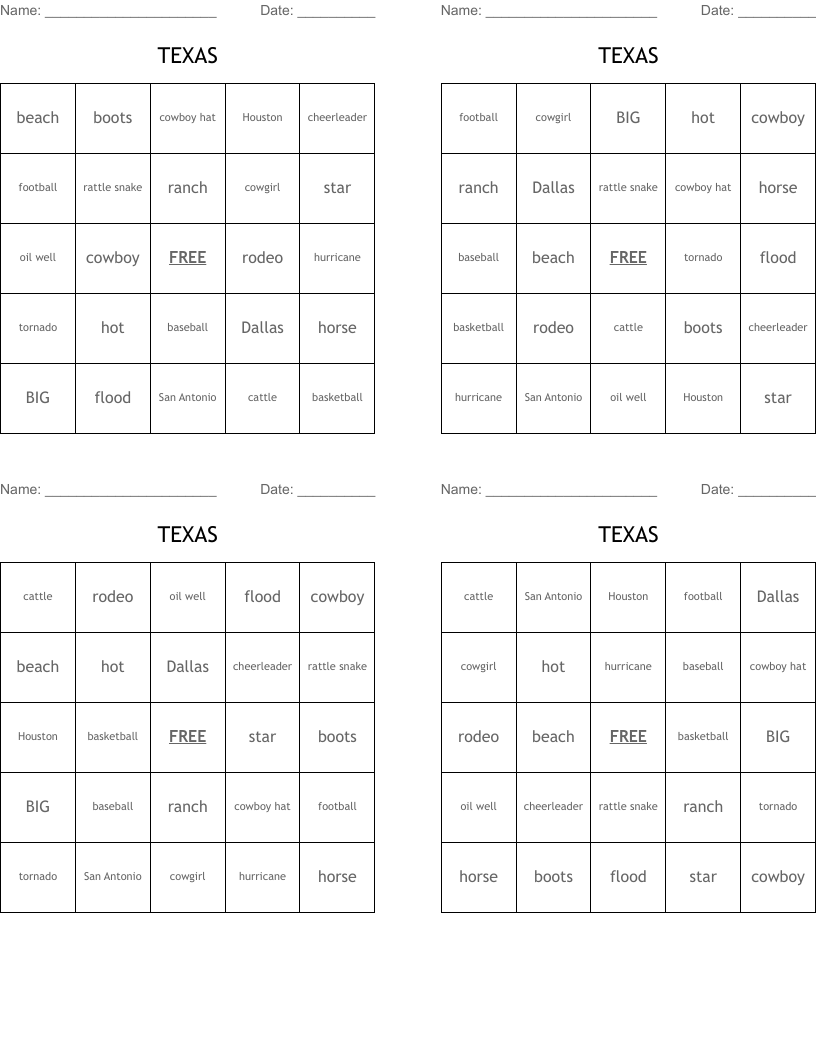TEXAS Bingo Cards