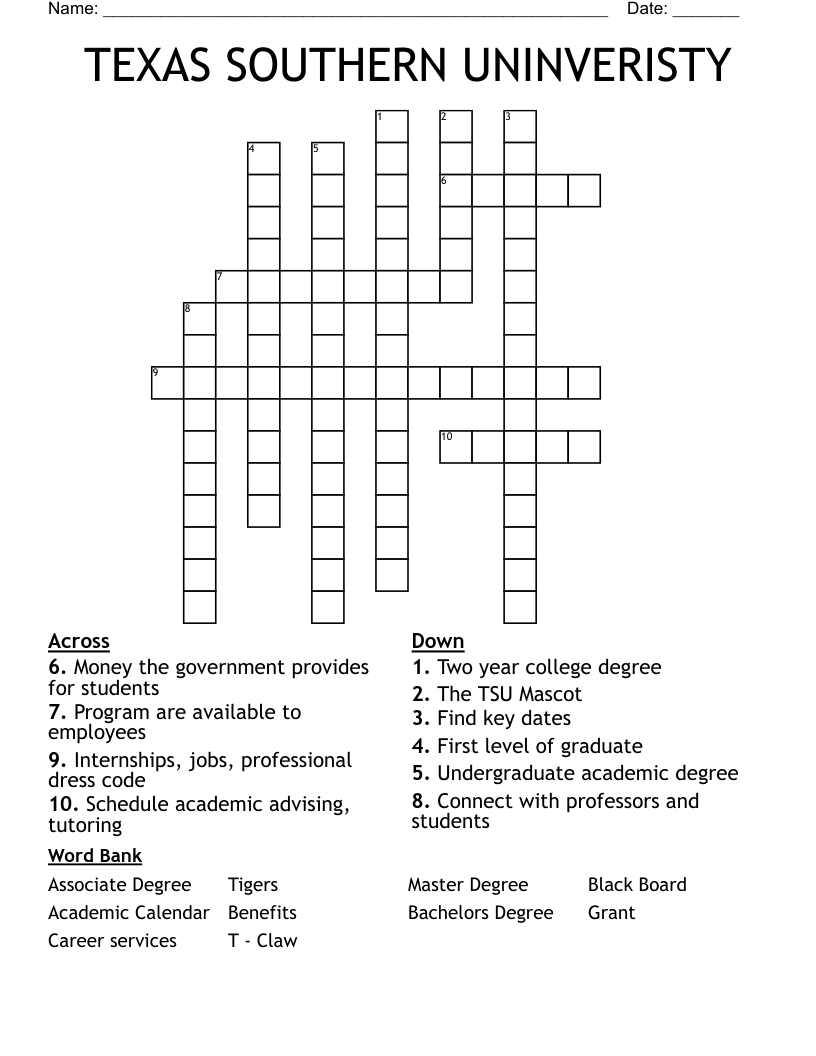 TEXAS SOUTHERN UNINVERISTY Crossword