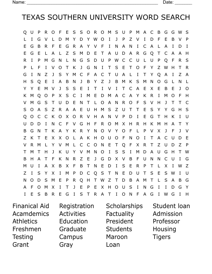 TEXAS SOUTHERN UNIVERSITY WORD SEARCH
