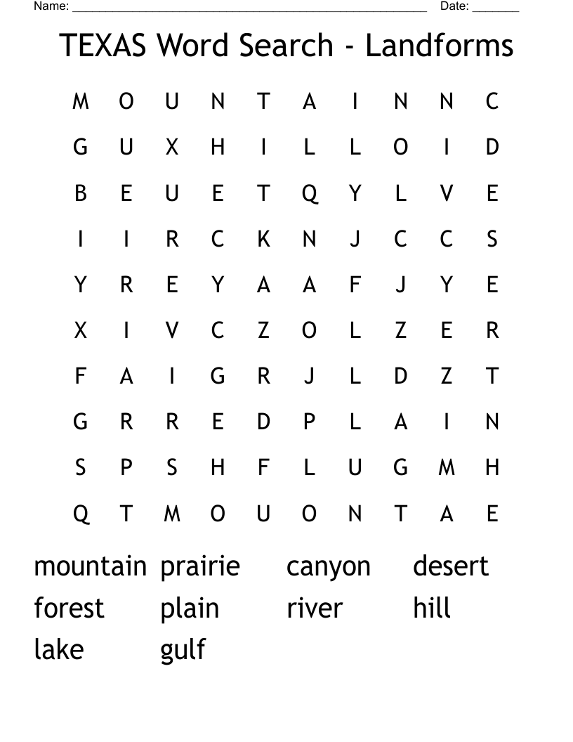 TEXAS Word Search - Landforms