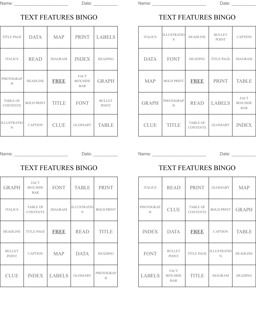 TEXT FEATURES BINGO