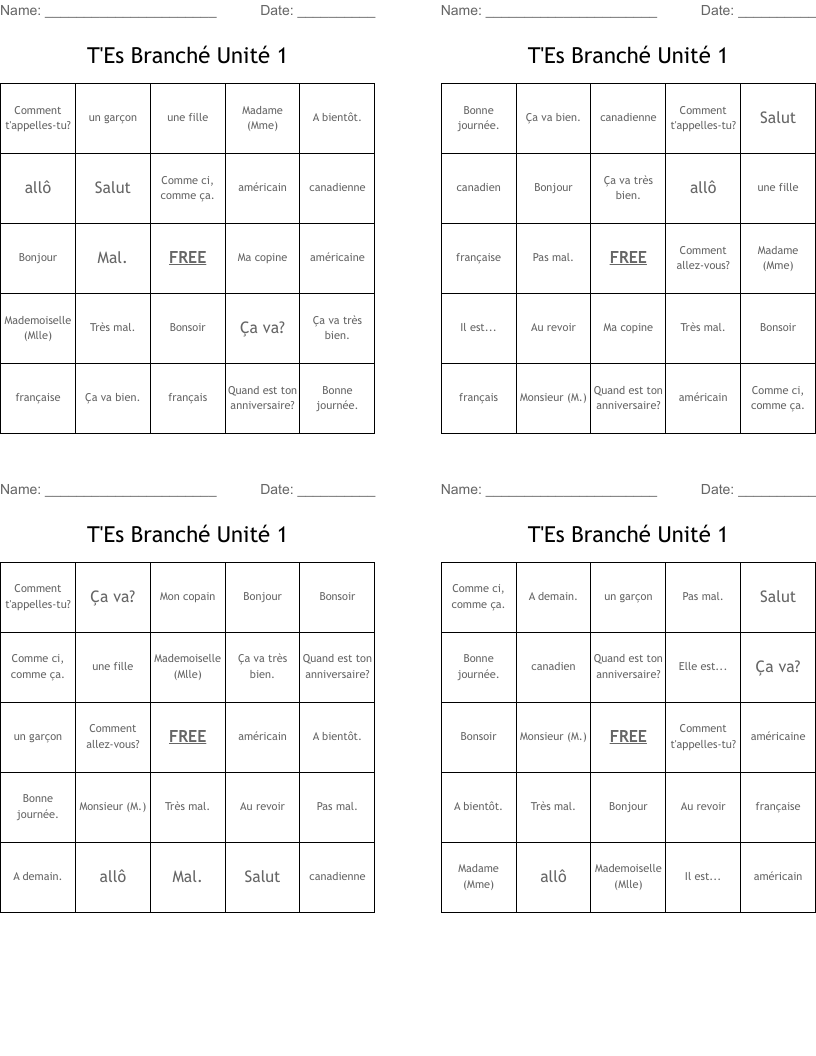 T'Es Branché Unité 1 Bingo Cards