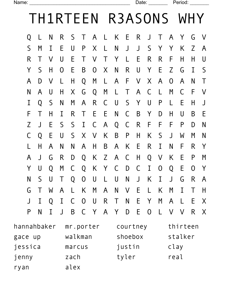 TH1RTEEN R3ASONS WHY Word Search