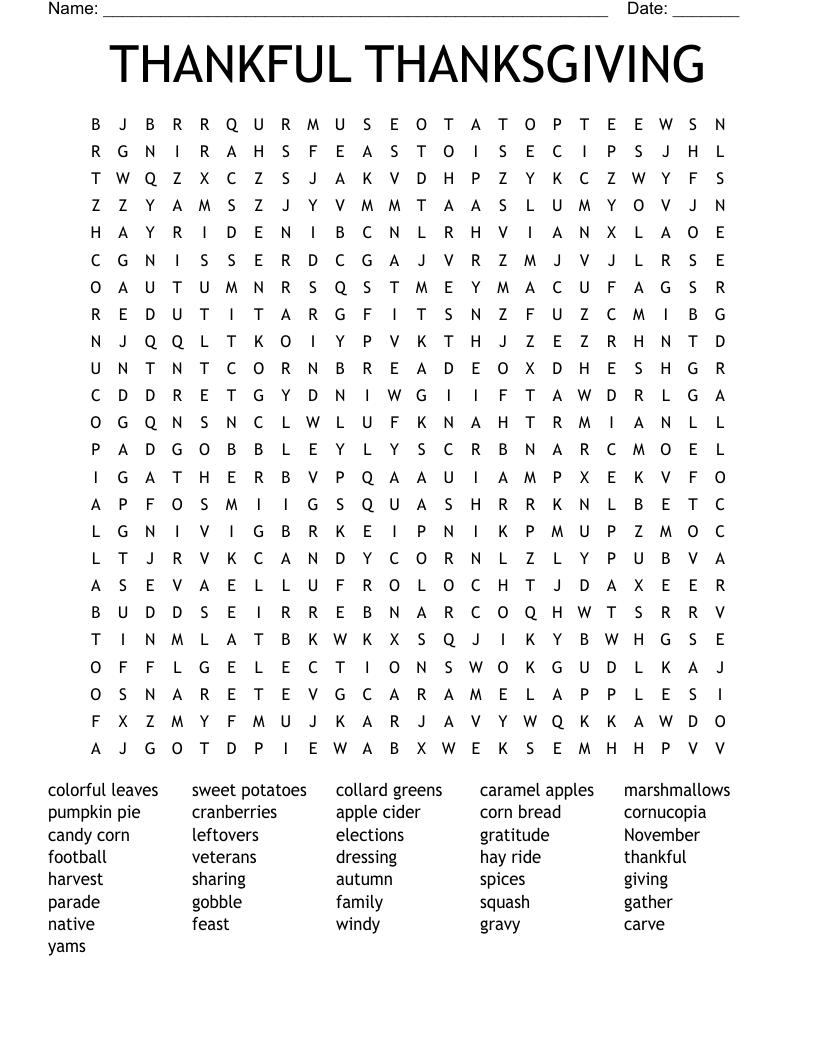 THANKFUL THANKSGIVING Word Search