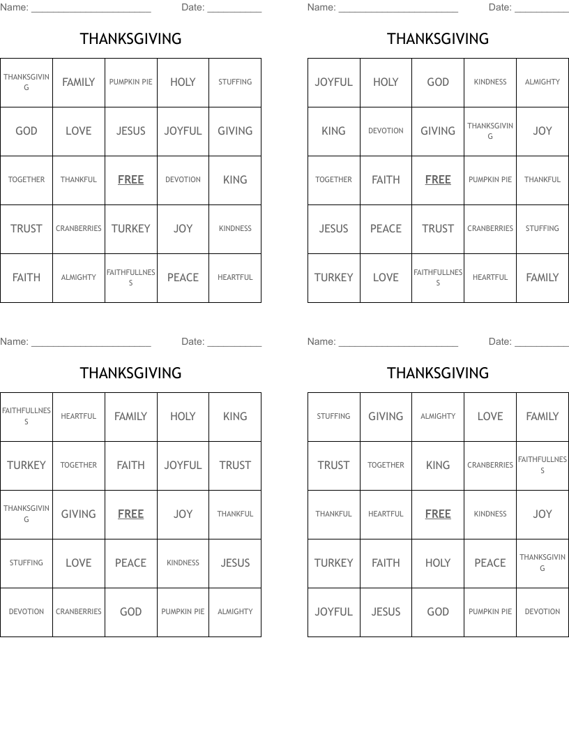 THANKSGIVING Bingo Cards
