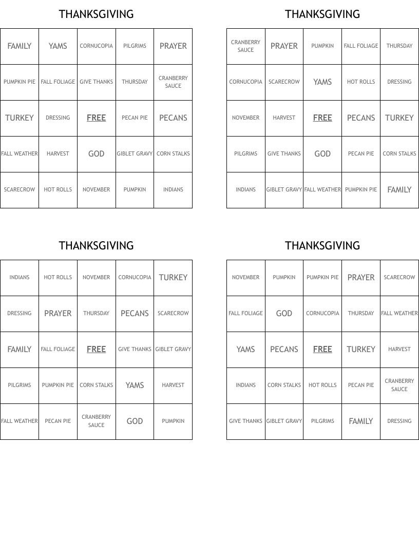 THANKSGIVING Bingo Cards