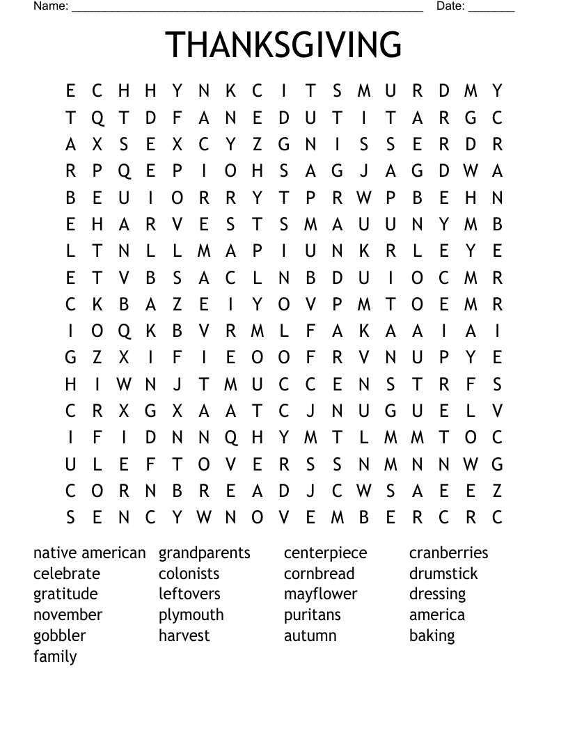 THANKSGIVING Word Search