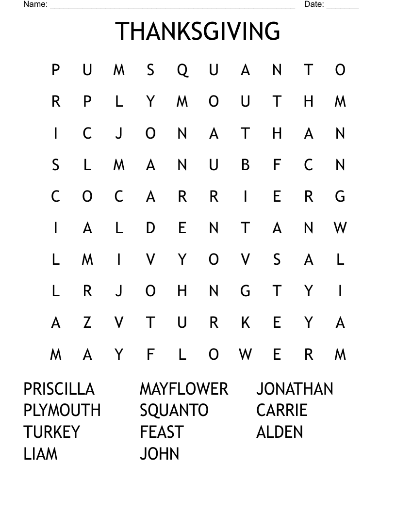 THANKSGIVING Word Search