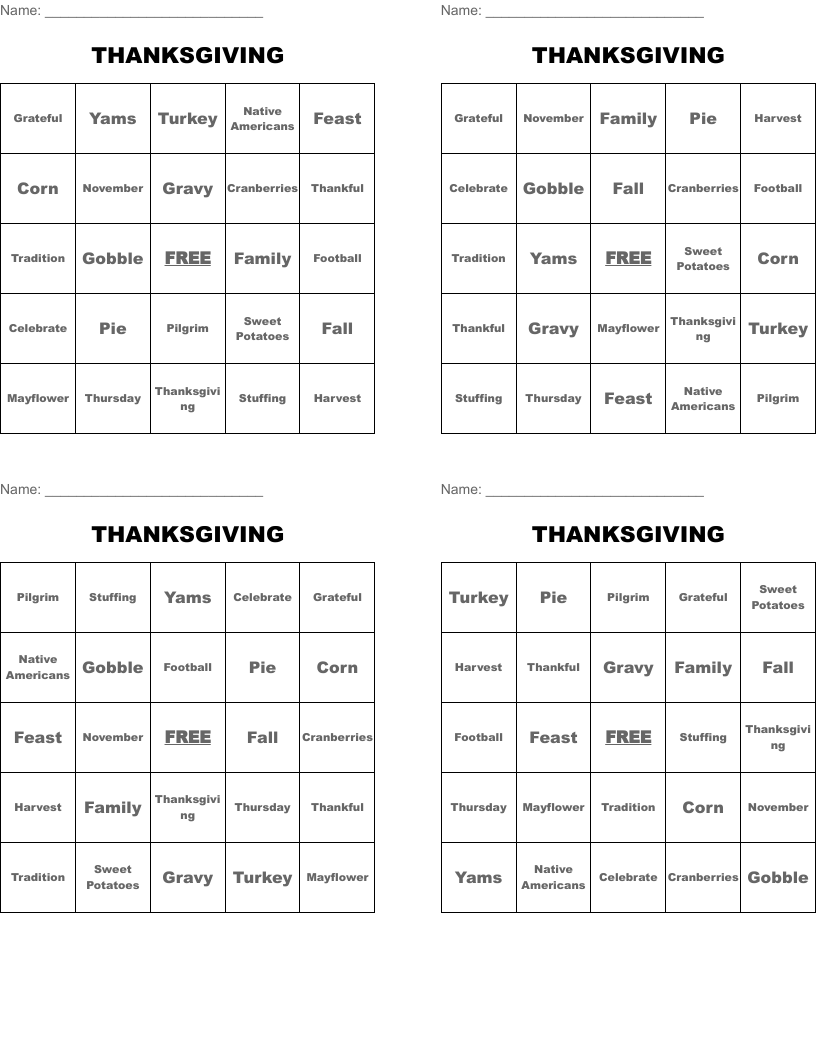 THANKSGIVING Bingo Cards