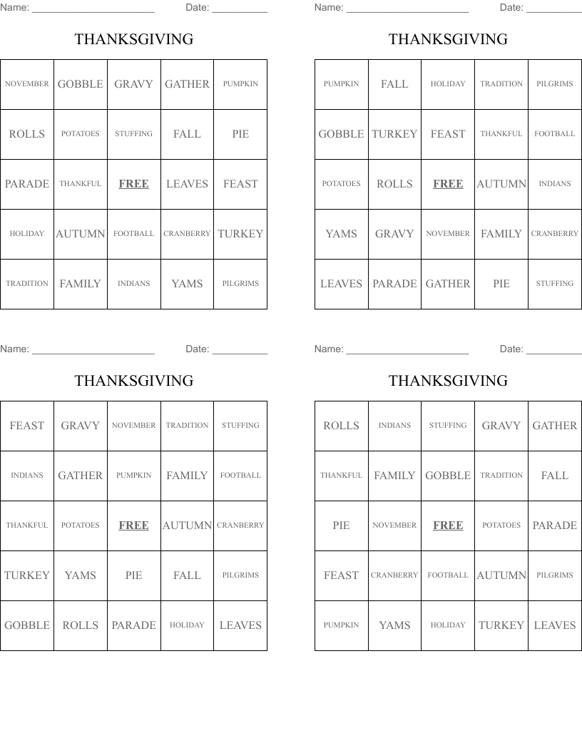 THANKSGIVING Bingo Cards