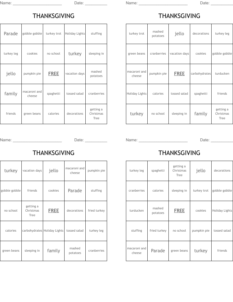 THANKSGIVING Bingo Cards