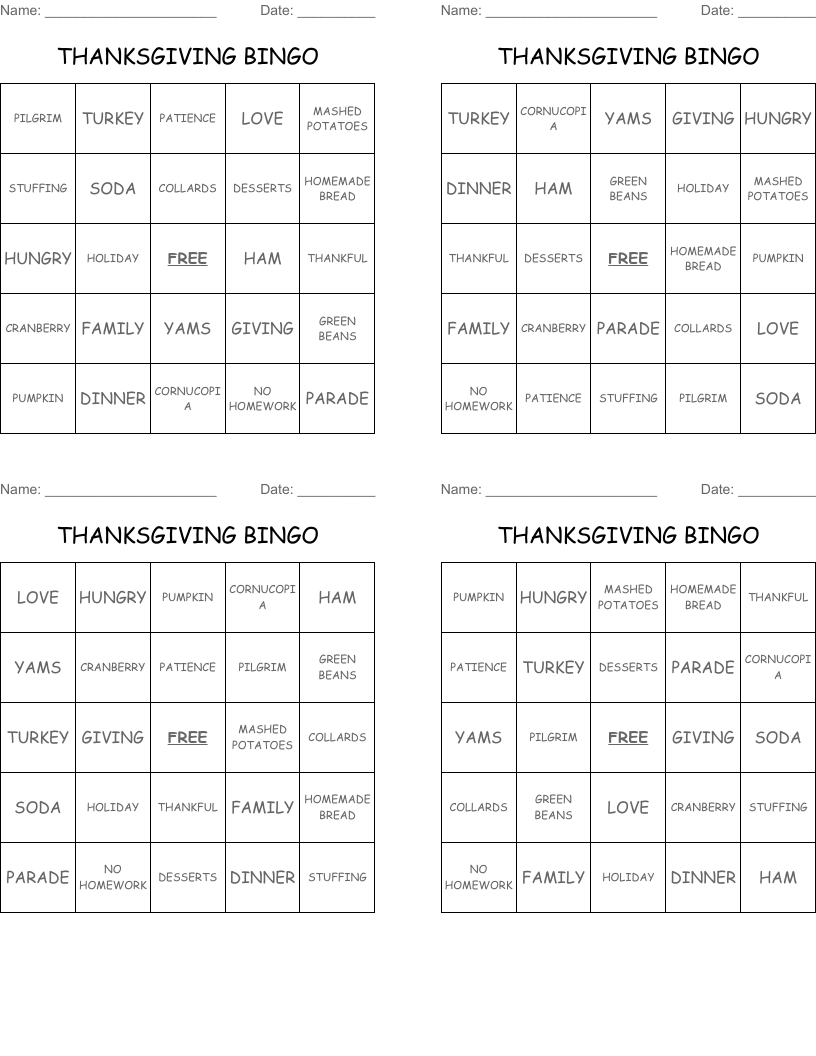 THANKSGIVING BINGO