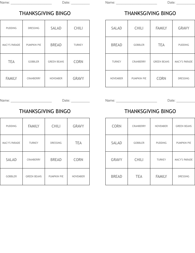 THANKSGIVING BINGO