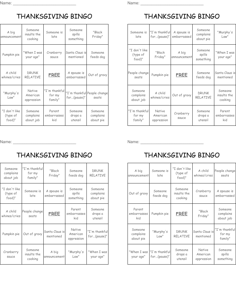 THANKSGIVING BINGO