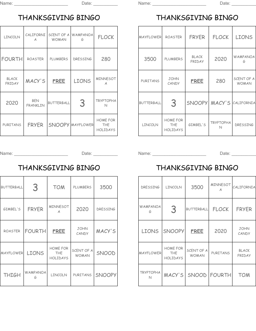 THANKSGIVING BINGO