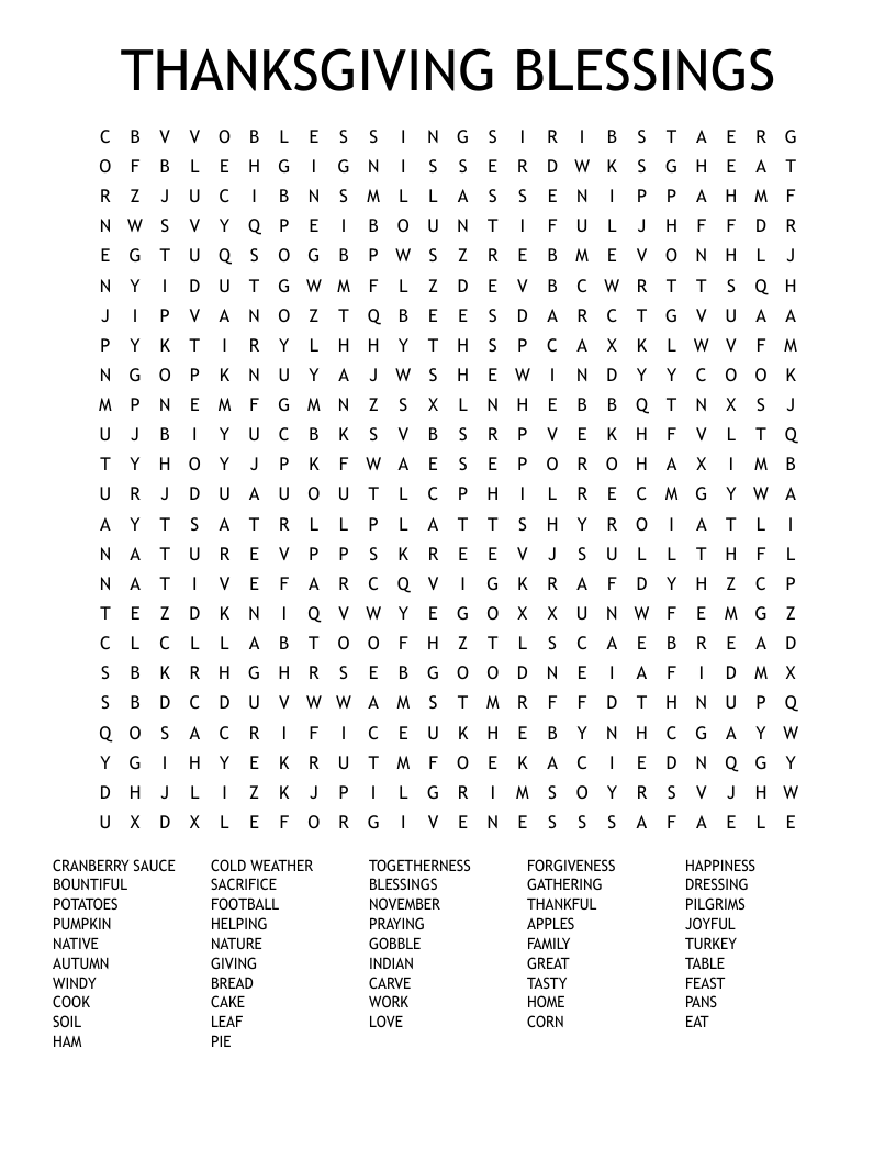 THANKSGIVING BLESSINGS Word Search
