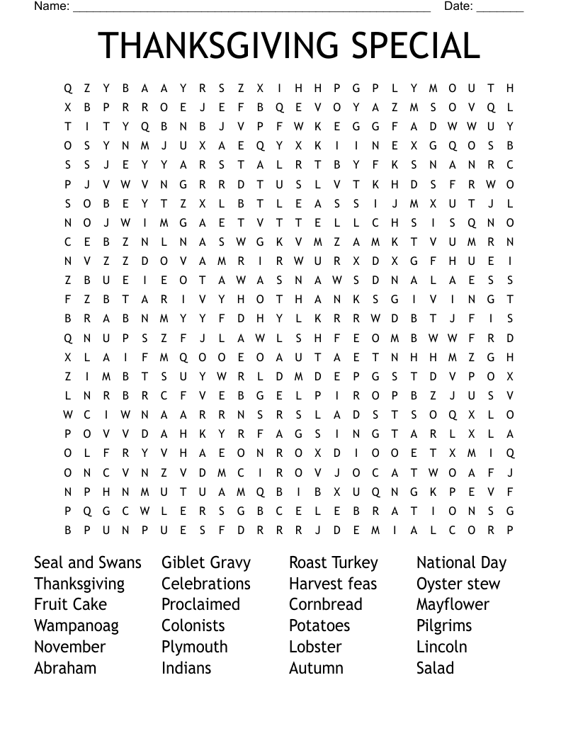 THANKSGIVING SPECIAL Word Search
