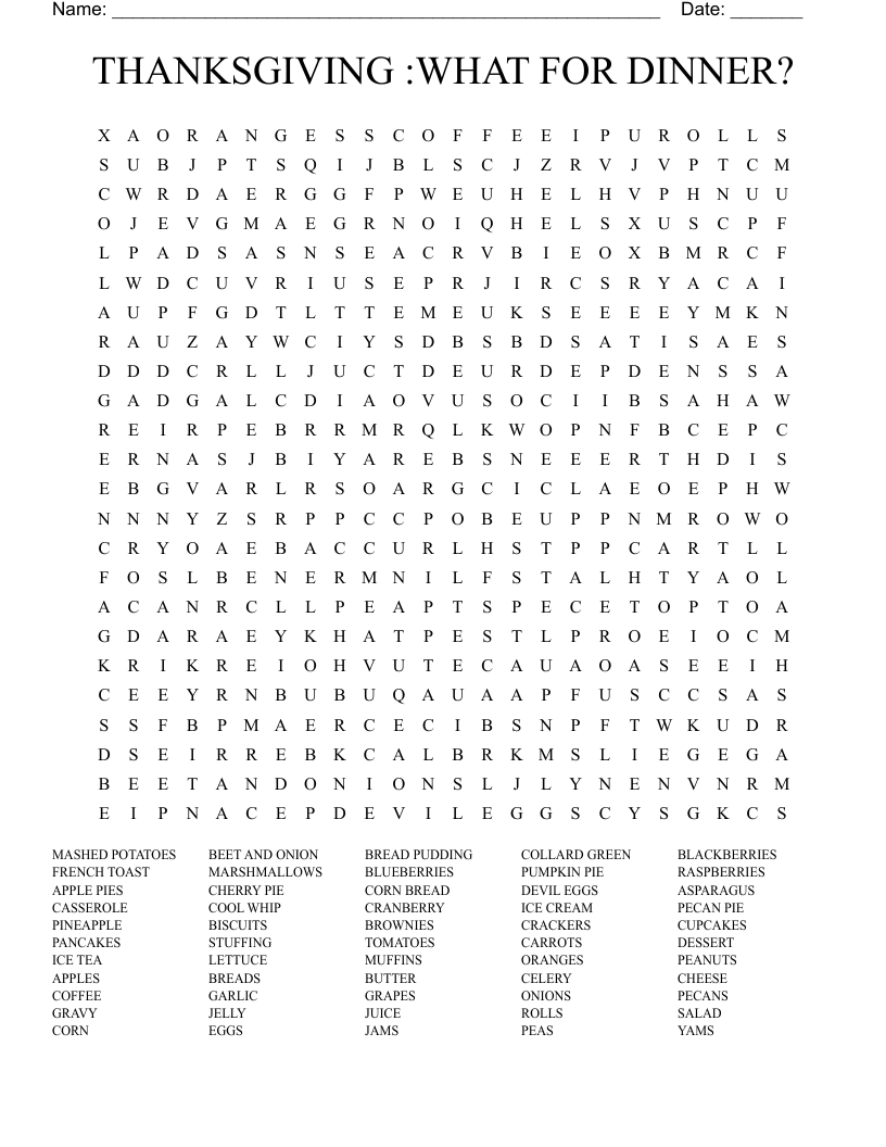 THANKSGIVING :WHAT FOR DINNER? Word Search