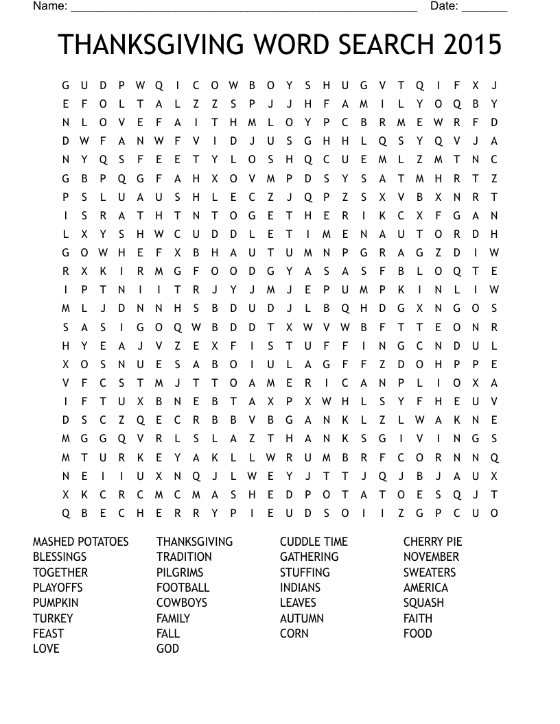 THANKSGIVING WORD SEARCH 2015