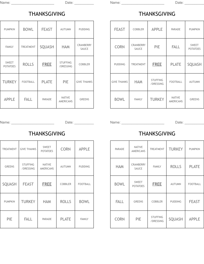 THANKSGIVING  Bingo Cards