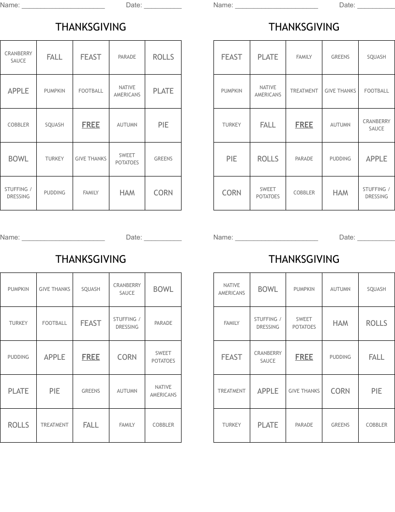 THANKSGIVING  Bingo Cards