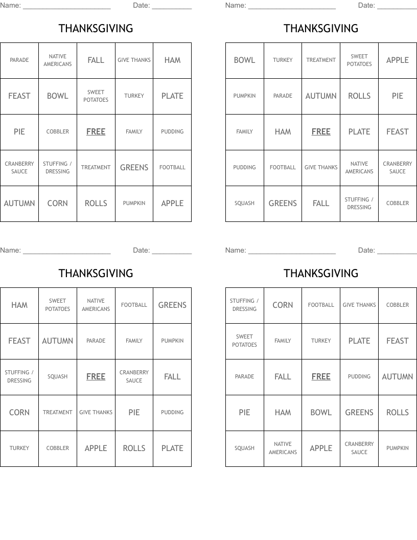 THANKSGIVING  Bingo Cards