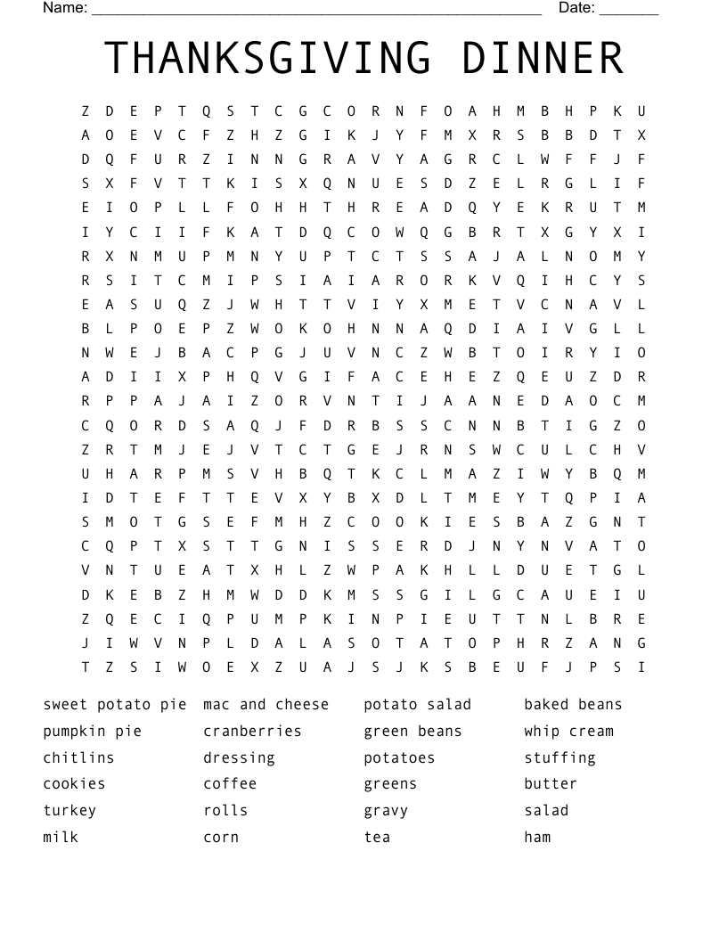 THANKSGIVING  DINNER Word Search