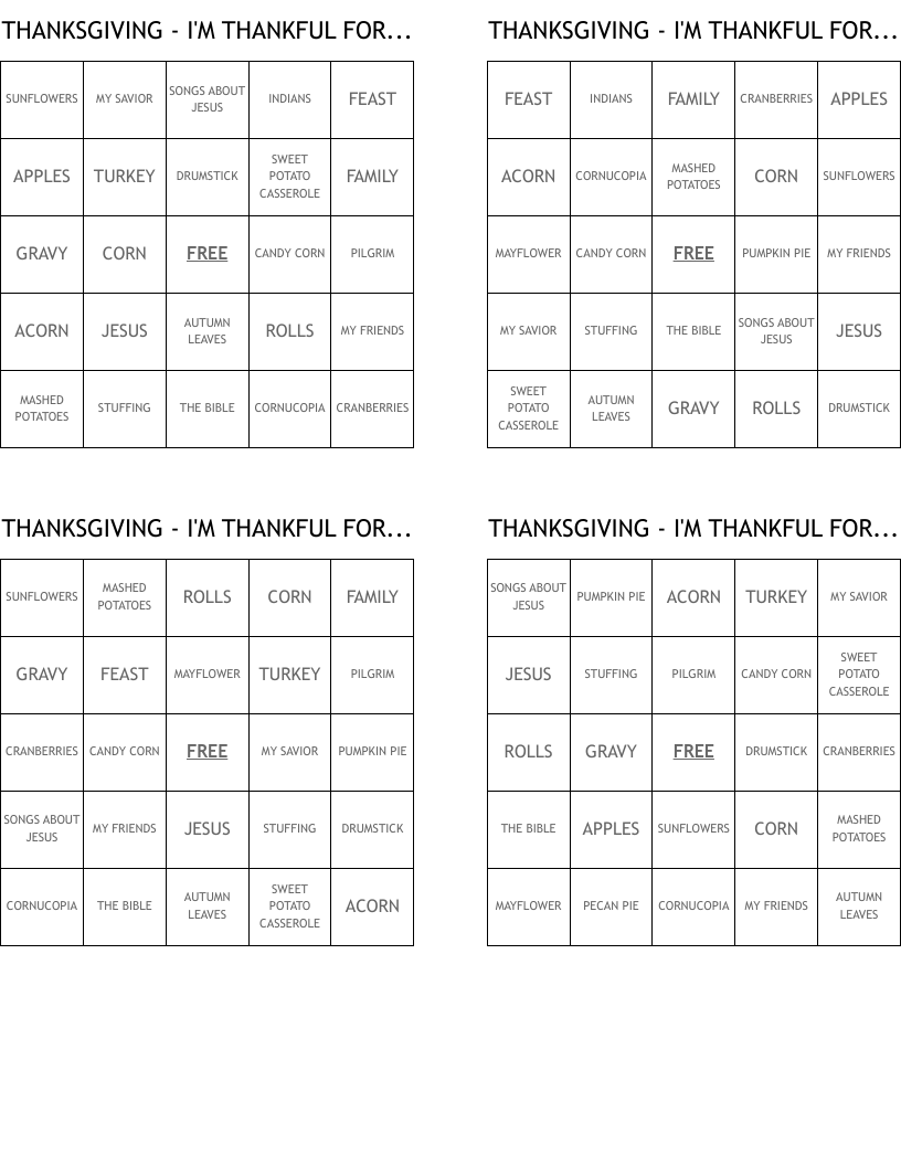 THANKSGIVING - I'M THANKFUL FOR... Bingo Cards