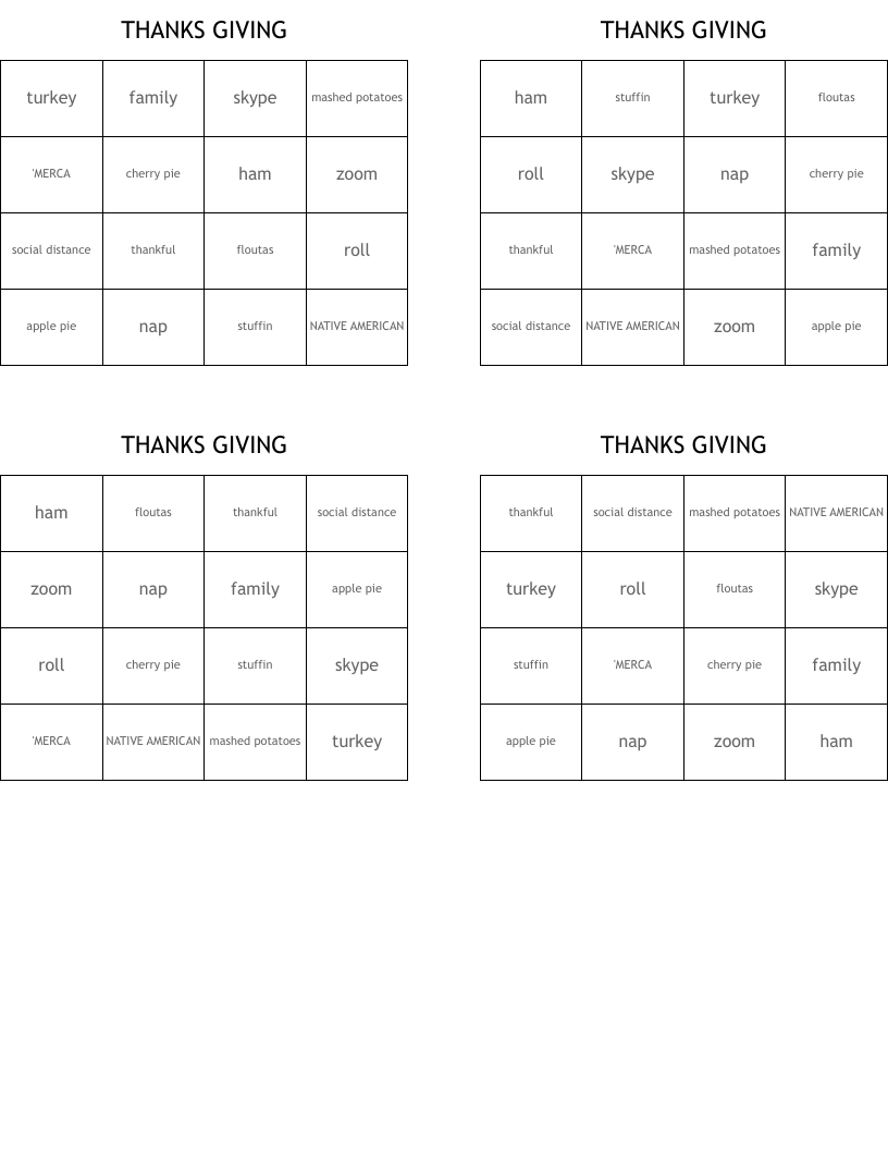 THANKS GIVING Bingo Cards