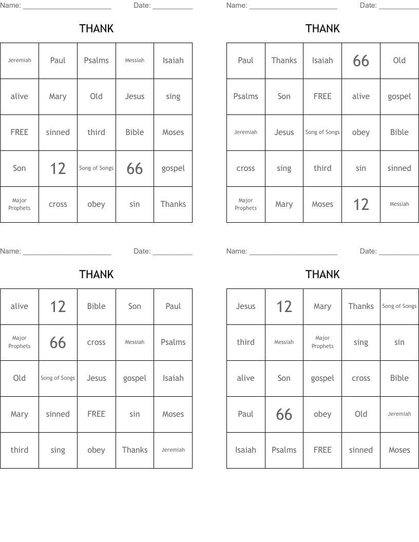 THANK Bingo Cards