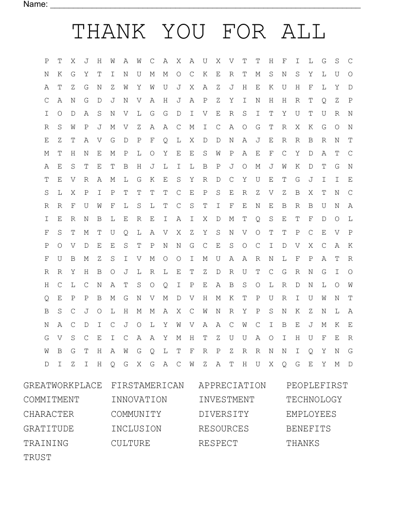 THANK YOU FOR ALL Word Search