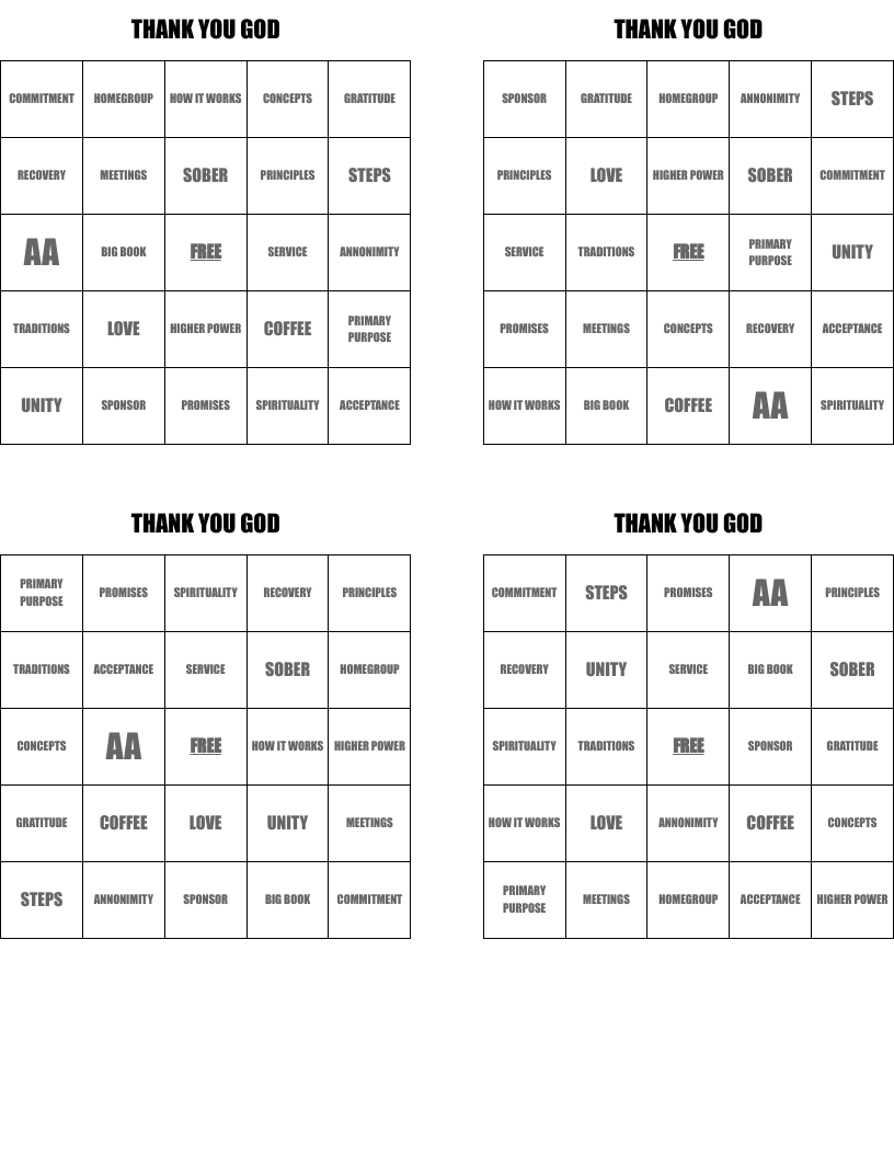 THANK YOU GOD Bingo Cards