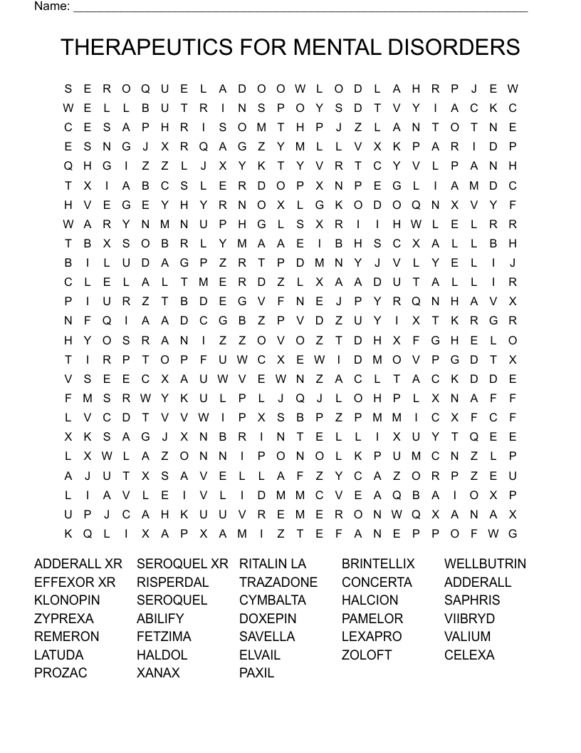 THERAPEUTICS FOR MENTAL DISORDERS Word Search