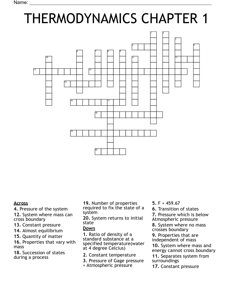 THERMODYNAMICS CHAPTER 1 Crossword