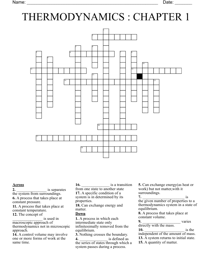 THERMODYNAMICS : CHAPTER 1 Crossword