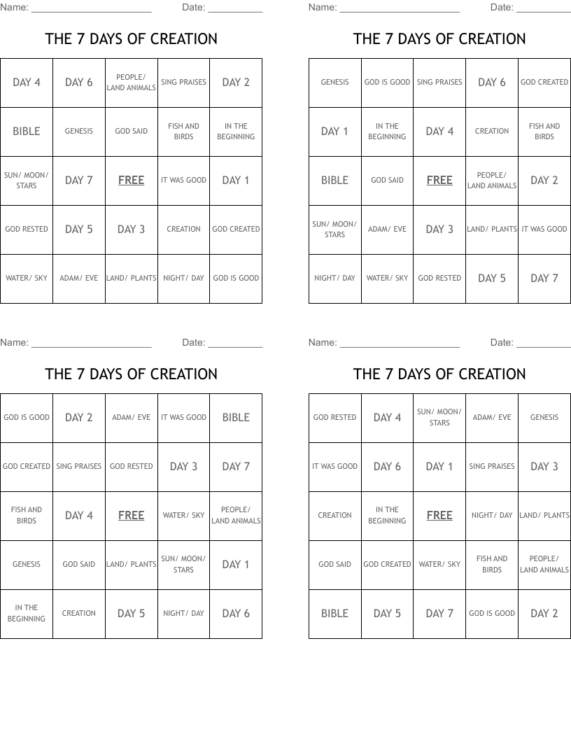 THE 7 DAYS OF CREATION Bingo Cards
