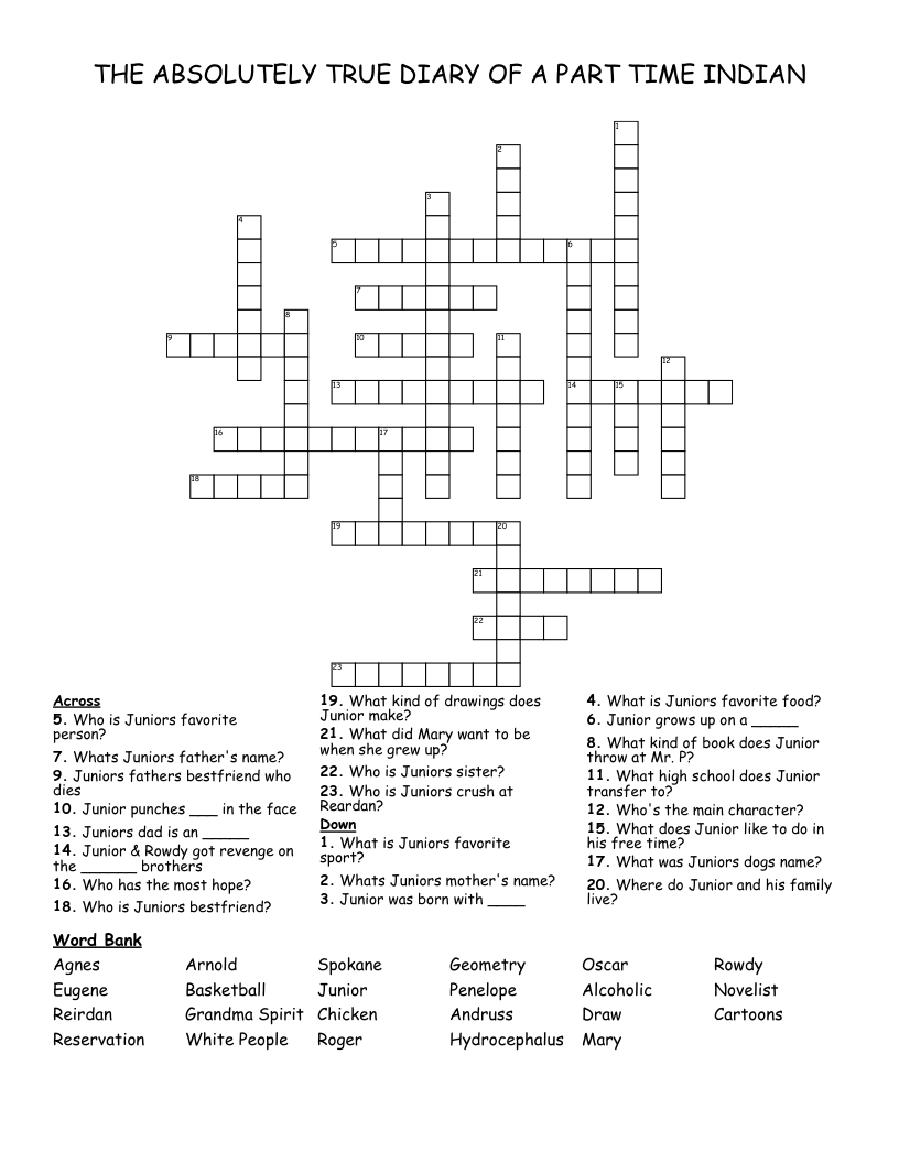 THE ABSOLUTELY TRUE DIARY OF A PART TIME INDIAN Crossword