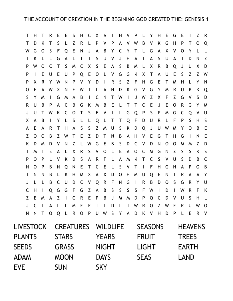 THE ACCOUNT OF CREATION IN THE BEGINING GOD CREATED THE: GENESIS 1 Word Search