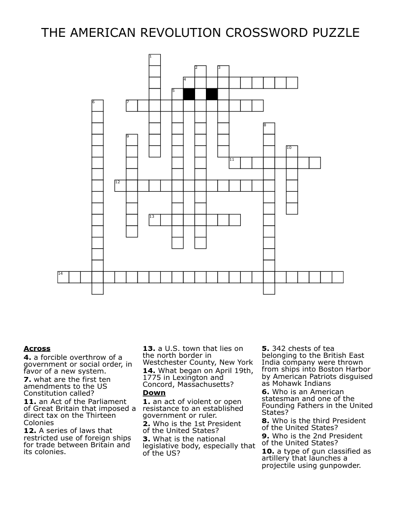 THE AMERICAN REVOLUTION CROSSWORD PUZZLE