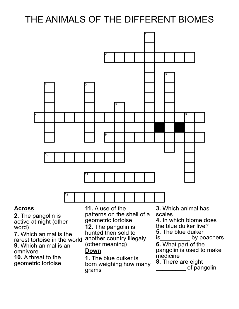 THE ANIMALS OF THE DIFFERENT BIOMES Crossword