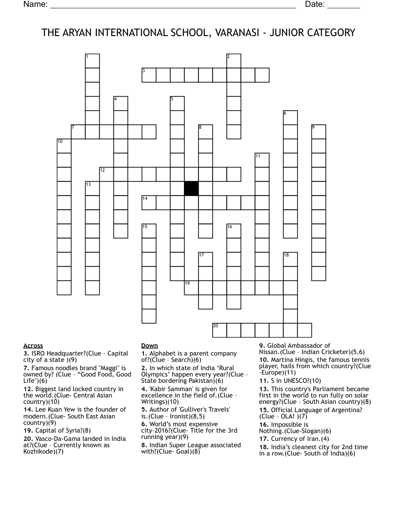 THE ARYAN INTERNATIONAL SCHOOL, VARANASI - JUNIOR CATEGORY Crossword