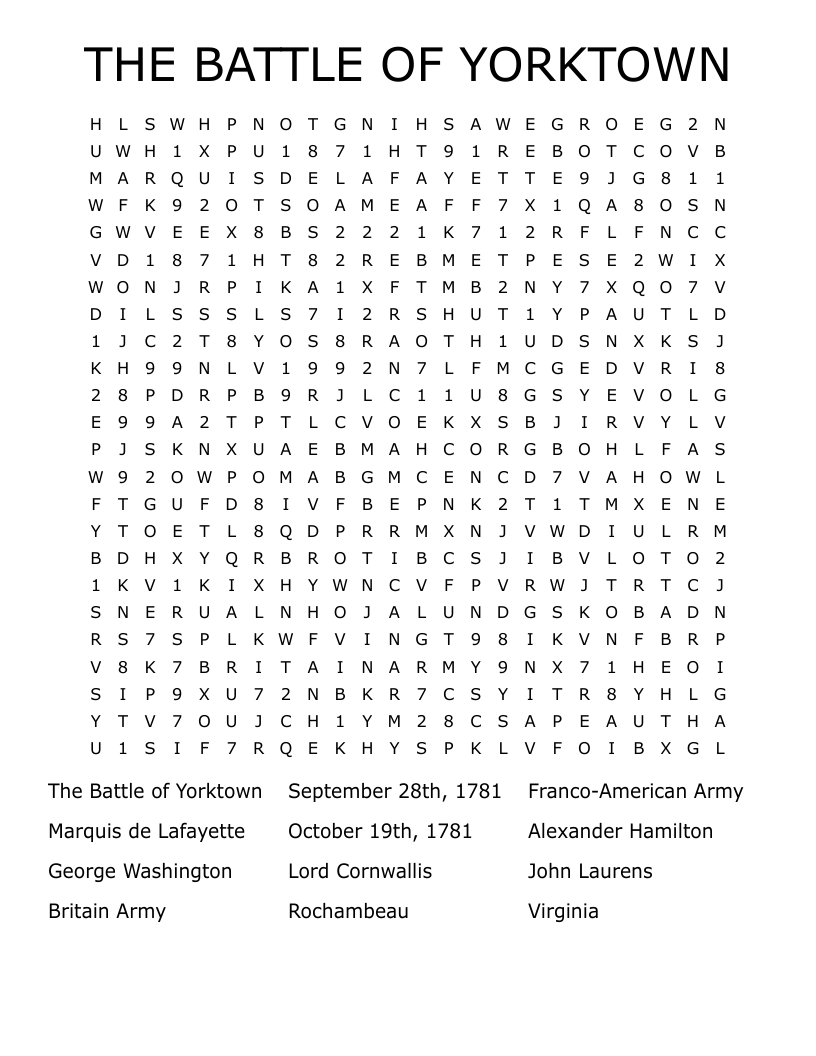 THE BATTLE OF YORKTOWN Word Search