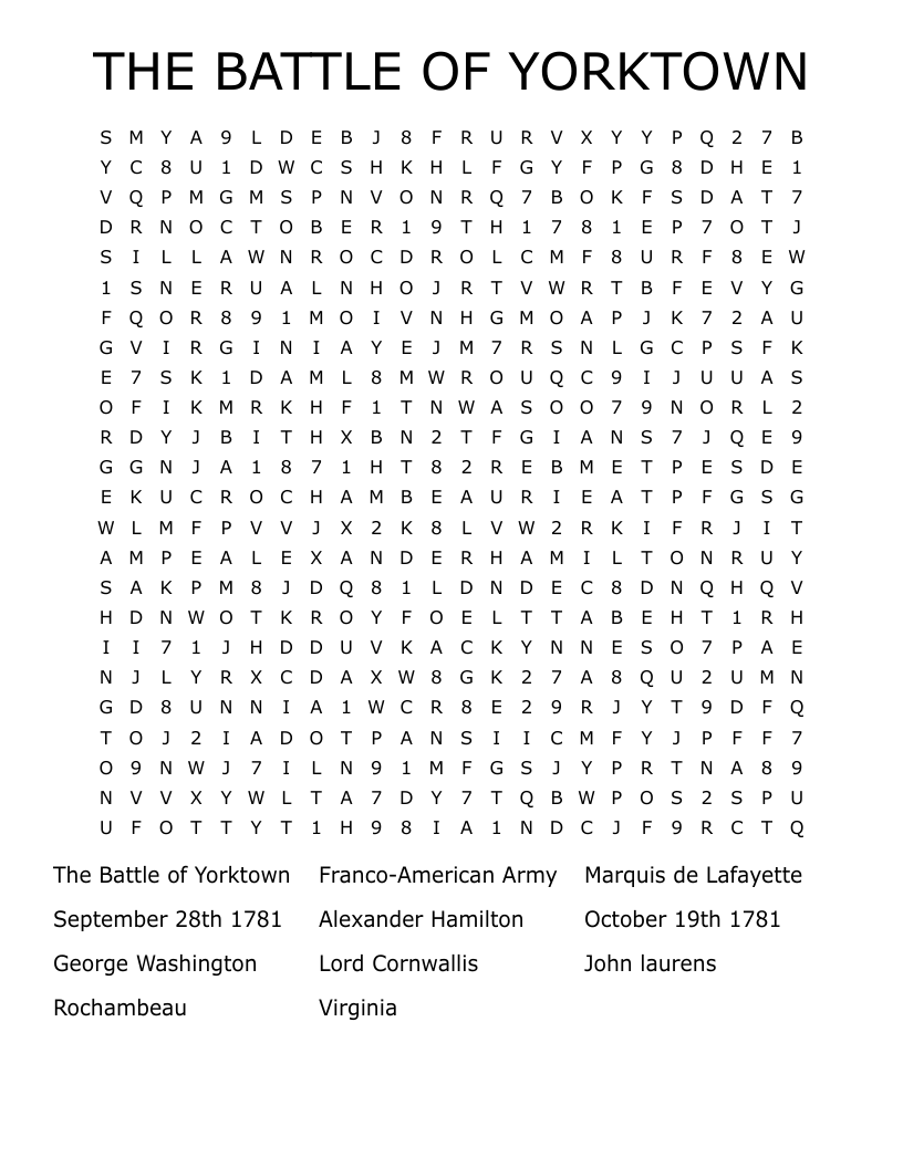 THE BATTLE OF YORKTOWN Word Search