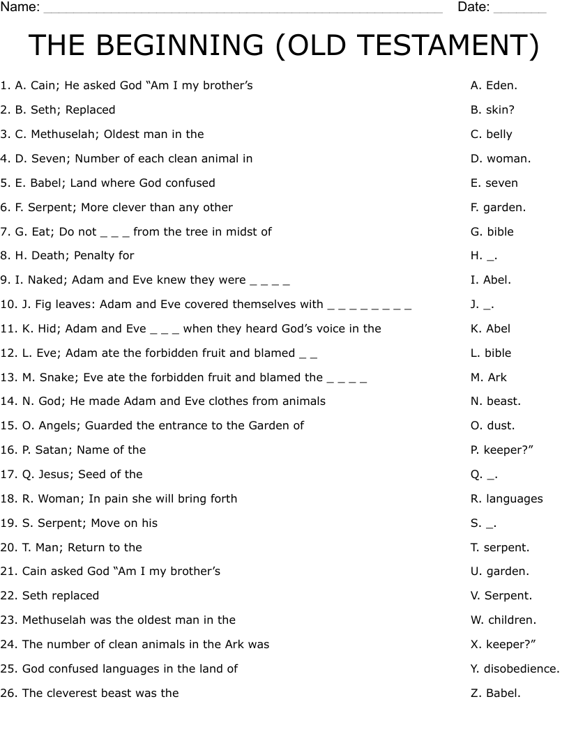 THE BEGINNING (OLD TESTAMENT) Worksheet
