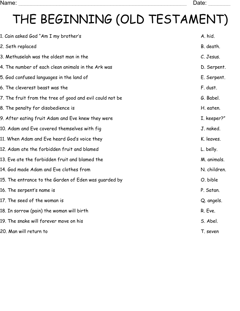 THE BEGINNING (OLD TESTAMENT) Worksheet