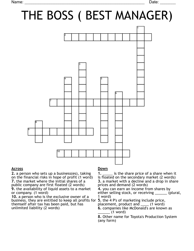 THE BOSS ( BEST MANAGER) Crossword
